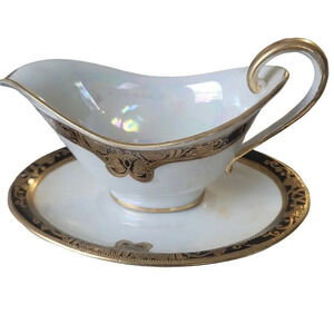 Antique Noritake Creamer Cup Saucer Japan Jeweled Gold Black Beaded Crestwood